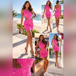 PRIMAVERA Couture One Shoulder Beaded Mini Cocktail Dress In Neon Pink. Size 2